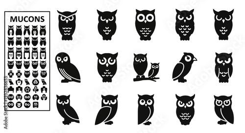Collection of owl icons and symbols in various styles and designs displayed together on a clean background
