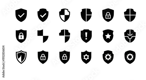 Collection of black security icons on white background, various symbols for protection and alertness, digital interface elements