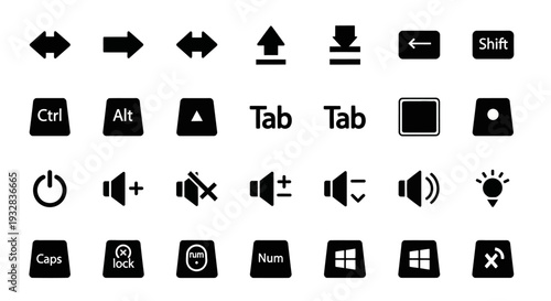 Collection of various computer keyboard icons displayed together on a clean white background from a straightforward viewpoint.