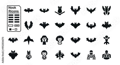 Collection of black icons representing supernatural creatures and objects on a clean white background viewed from a straightforward perspective