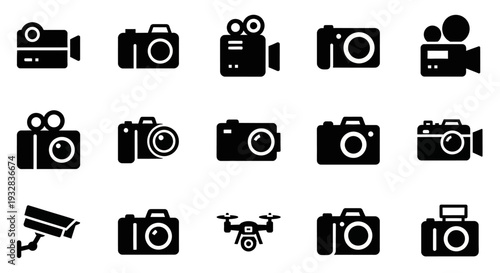 Collection of camera and photography equipment icons displayed in a grid layout