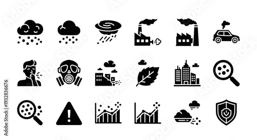 Collection of icons representing environmental issues and industrial pollution from various viewpoints