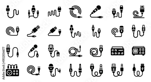 Collection of various cord and plug icons displayed in a grid layout on a simple background from a straightforward viewpoint