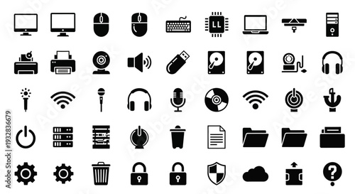 Collection of various technology and office icons displayed on a digital grid interface viewed from directly above