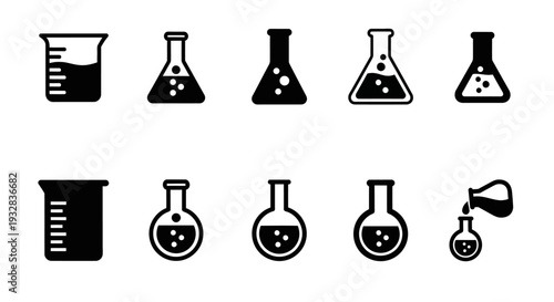 Laboratory Equipment Icons Featuring Flasks and Beakers in Various Silhouettes and Illustrations