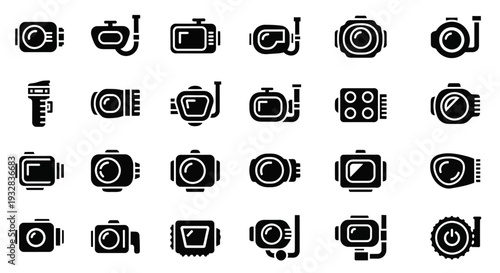 Collection of camera icons in various styles and designs displayed together on a clean background