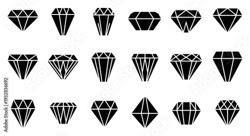 Collection of diamond icons in various styles and designs displayed on a clean white background