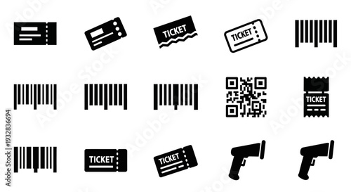 Collection of ticket stubs, barcodes, and gun icons on a plain background from a straightforward viewpoint