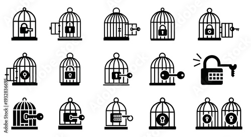 Collection of birdcage illustrations depicting various scenes of confinement and freedom from different viewpoints