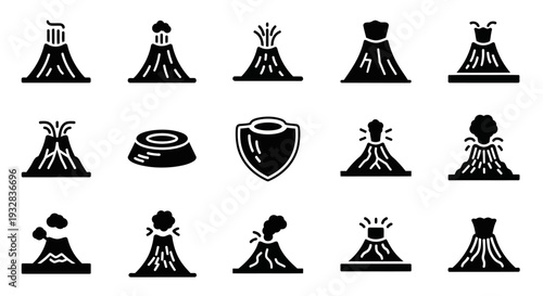 Collection of Volcano Icons Representing Eruptions and Geological Activity in Various Forms and Styles