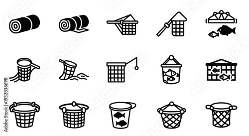 Collection of laundry basket icons with various accessories and objects, showcasing different household items and tasks in a simple, black-and-white line art style.