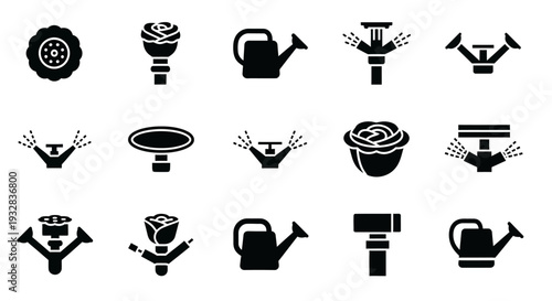 A collection of black icons representing various watering cans and gardening tools on a plain background