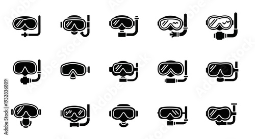 Collection of diverse diving masks and snorkeling gear icons displayed in a grid pattern