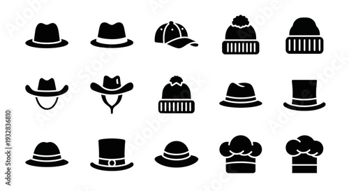 Collection of Various Hats and Headwear Illustrated in Black Silhouettes