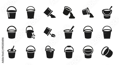 Collection of black bucket and shovel icons in various states displayed on a clean white background from a straightforward viewpoint