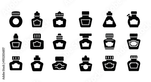 Collection of perfume bottle icons displayed in a grid arrangement on a clean background from a straightforward viewpoint