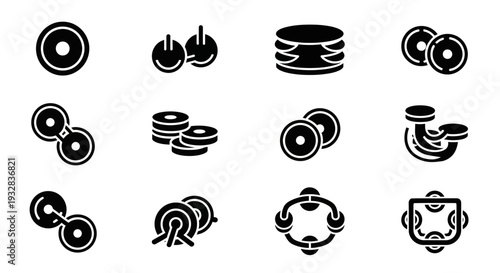 Collection of black and white abstract icons representing various objects and symbols on a plain white background
