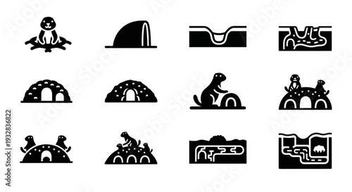 Collection of Black Icons Depicting Various Prehistoric Scenes and Landmarks on a Plain Background from a Direct Viewpoint