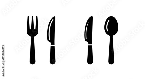 Simple black silhouettes of cutlery arranged on a clean white background from a straightforward front viewpoint