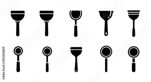 Collection of kitchen utensils and tools icons in simple black design viewed from directly above