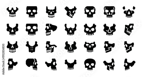 Collection of various animal and skull silhouettes in a grid pattern on a plain background, viewed from directly above
