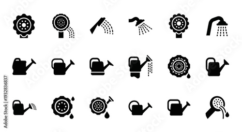 A collection of black icons representing various gardening tools and watering cans on a plain white background viewed from directly above