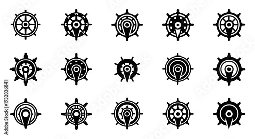A collection of black and white emblems and symbols arranged in a grid pattern on a plain surface