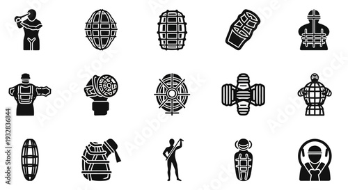 A collection of black and white icons depicting various protective gear and safety equipment worn by individuals in different professions