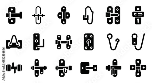 Collection of various mechanical fasteners and connectors illustrated in black on a clean background