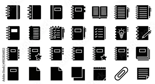 Collection of various black office and stationery icons displayed on a grid layout
