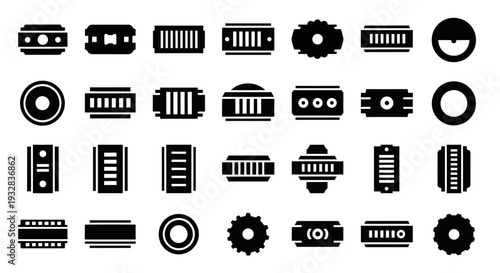 A collection of black technology icons on a white background displayed from a straightforward viewpoint