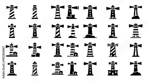 Collection of diverse windmill icons in various striped and solid patterns, illustrations showcase different designs and structures in black and white.