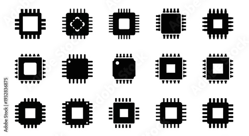 Collection of Various Microchip Icons Displayed on White Background from Direct Viewpoint