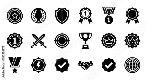 A collection of black icons representing various awards and achievements displayed on a plain background