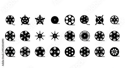 Collection of various black icons representing different symbols and shapes displayed on a white background viewed from directly above.