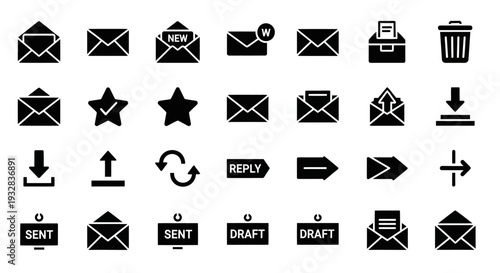 Collection of black email icons and symbols on white background representing various actions and statuses in a communication process
