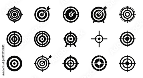 Collection of target icons with various designs and arrow symbols on a plain background viewed from a straightforward perspective