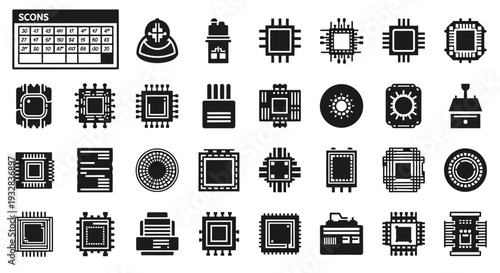 Collection of various electronic components and microchips displayed on a clean white background from a straightforward viewpoint