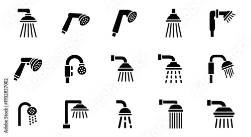 Collection of various shower head icons depicted in different styles and designs