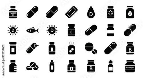 Collection of Medical and Pharmaceutical Icons Representing Health Supplements and Medications in Black Silhouettes