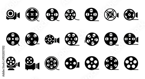 Collection of film reel icons and camera symbols on a clean background from a straightforward viewpoint