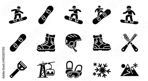 Collection of snowboarding icons featuring athletes, equipment, and winter elements in a monochrome design viewed from various angles.