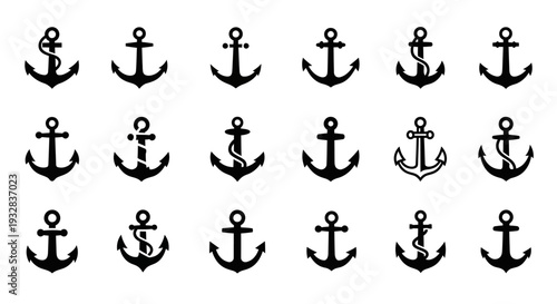Collection of diverse anchor symbols arranged in a grid pattern on a plain white background from a direct viewpoint
