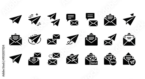 Collection of various email and messaging icons displayed in a grid layout on a clean white background from a straightforward viewpoint