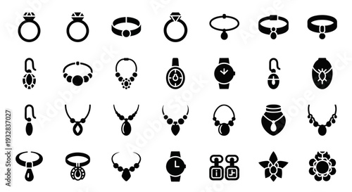 Collection of various jewelry icons displayed on a clean white background from a straightforward viewpoint