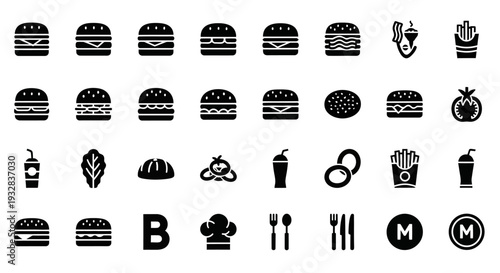 Collection of Food Icons Featuring Burgers, Fries, and Beverages in Simple Black Illustrations