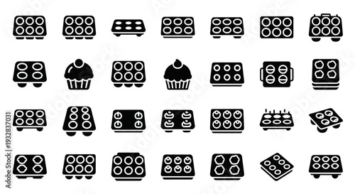 Assorted bakery items displayed in a grid pattern featuring cupcakes and muffins from a straightforward viewpoint