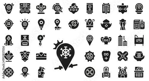 Collection of icons representing various concepts and objects related to technology and mapping viewed from a straightforward perspective