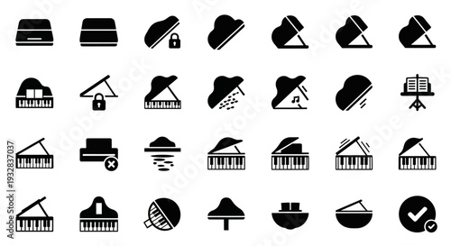 Collection of black icons representing various industry and technology concepts on a white background