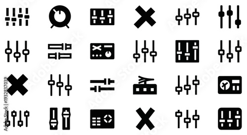 Collection of simple black icons representing various symbols and objects on a grid layout